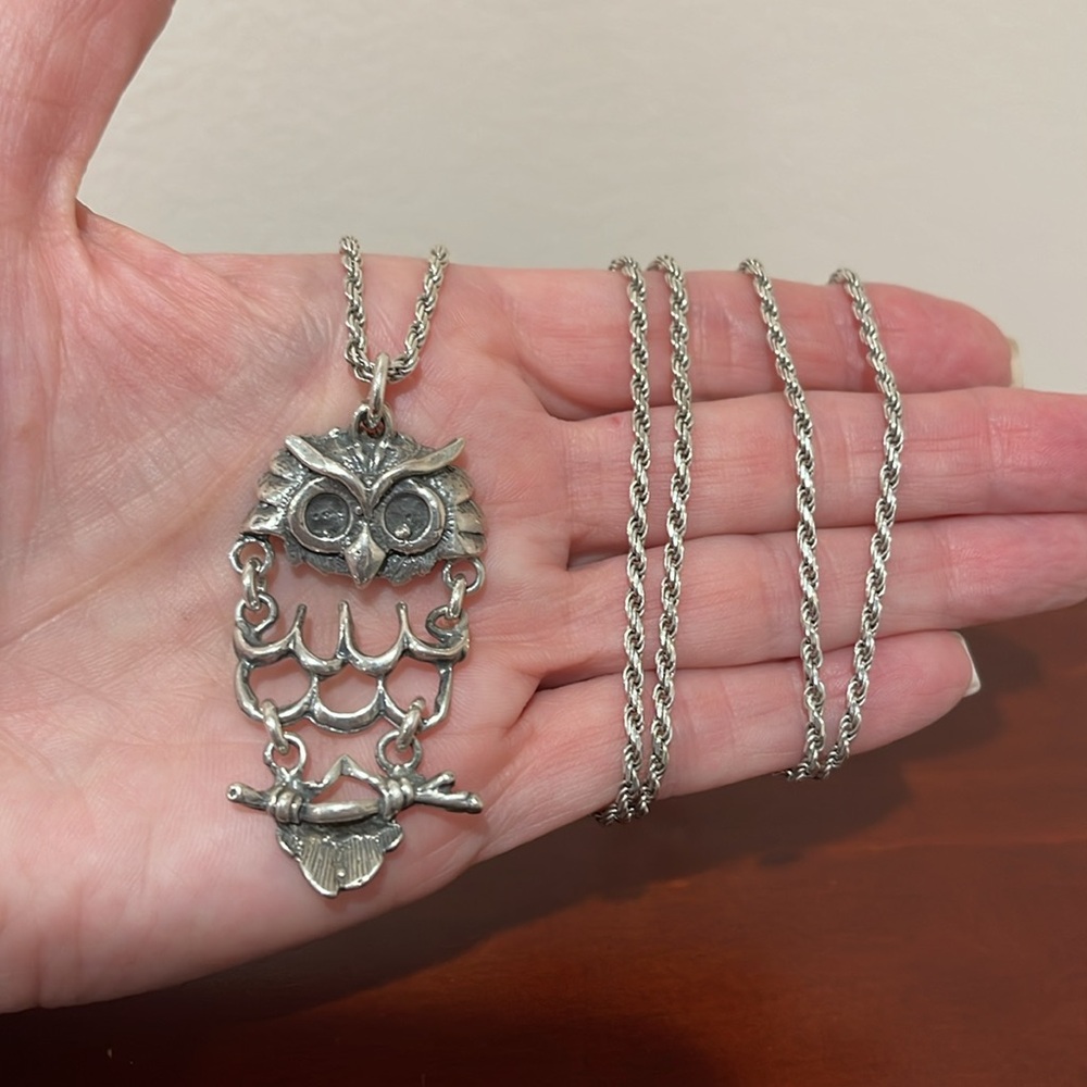 Sterling Silver Owl Necklace from Mexico- Owl Pendant on 31” Rope Chain